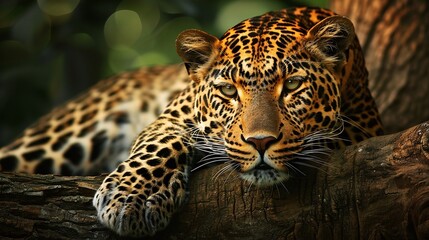 magnificent leopard resting on tree in its natural forest habitat, a glimpse of nature's beauty
