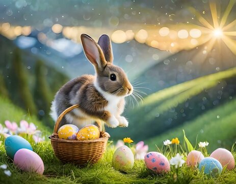 Osterhase verteilt Ostereier auf dem Land / Osterhase versteckt Eier / Osterhase auf Wiese / Osterhase mit Rucksack / Ostereier / Korb mit Ostereiern / Eier / Bunte Eier / Osterfest / Ostern