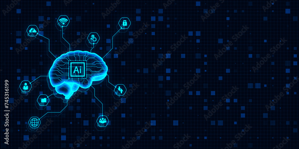 Poster glowing blue digital brain hologram on dark grid background. ai and machine learning concept. 3d ren