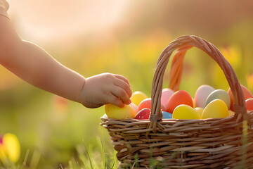 Close up of kid hand with colorful Easter eggs in a basket.