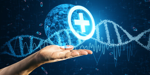 Hand showcasing medical technologies with a holographic plus sign and DNA structure, digital health concept