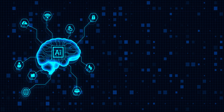 Glowing blue digital brain hologram on dark grid background. AI and machine learning concept. 3D Rendering.