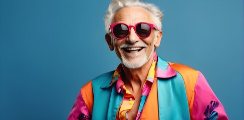 Älterer, lustiger Mann in buntem Anzug lacht in die Kamera und verbreitet gute Laune  - obrazy, fototapety, plakaty