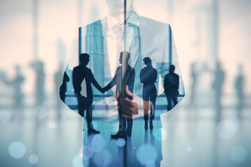 An artistic representation of a business handshake overlayed with a bustling cityscape, symbolizing...