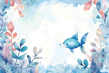 Fish in underwater frame border background in watercolor style.