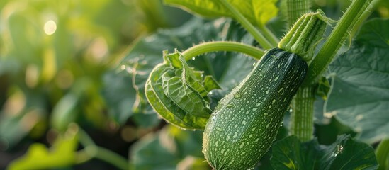 A cucumber is seen growing on a plant in a well-tended garden. The green vine wraps itself around a trellis, while the cucumber dangles prominently, hinting at imminent harvest.