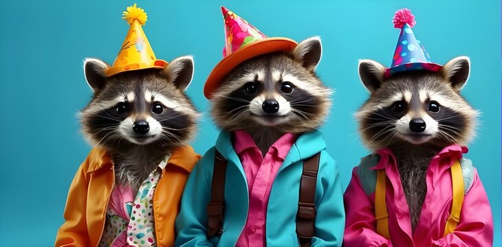 Drei Waschb&auml;ren in bunten Faschingsanz&uuml;gen schauen in die Kamera