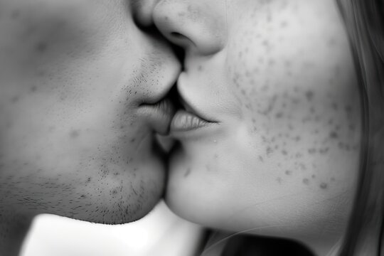 Romantic close-ups of a couple sharing a tender and intimate kiss. 