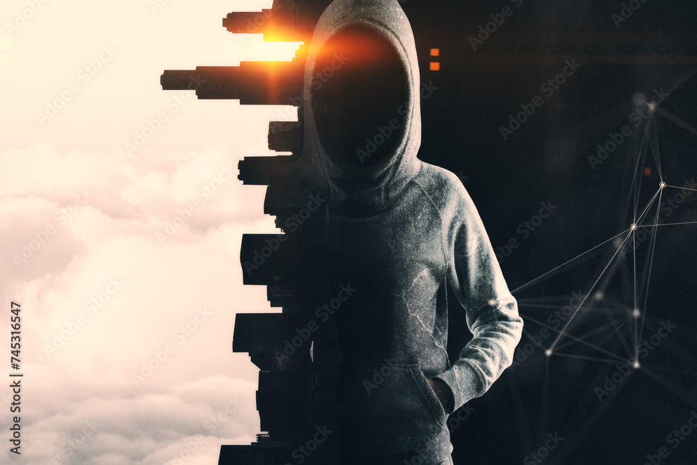 Aufkleber hacker in hoodie standing on abstract concrete city and sunset polygonal backdrop. hacking and malwa
