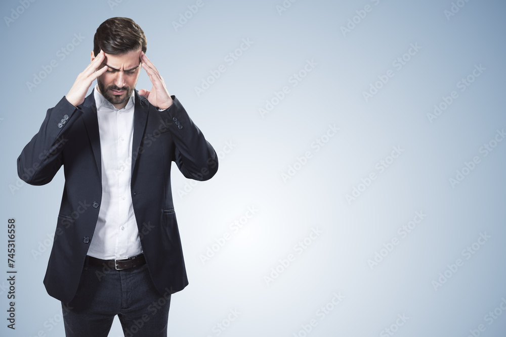 Aufkleber Abstract image of stressed businessman on light gray background with mock up place. Bad job decision and mistake concept.