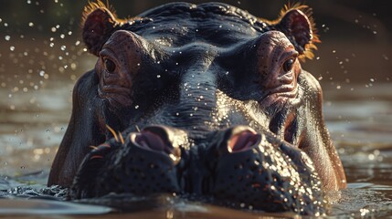 closeup of a large african hippopotamus showcasing its formidable presence - obrazy, fototapety, plakaty
