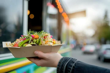 Fotobehang A person is holding a tray of delicious street food from the food truck outside, showcasing a perfect blend of natural ingredients and vibrant cuisine © Odesza