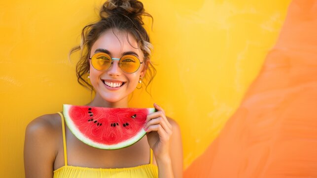 A young, attractive woman holds a slice of watermelon, radiating happiness and embodying a summer vibe