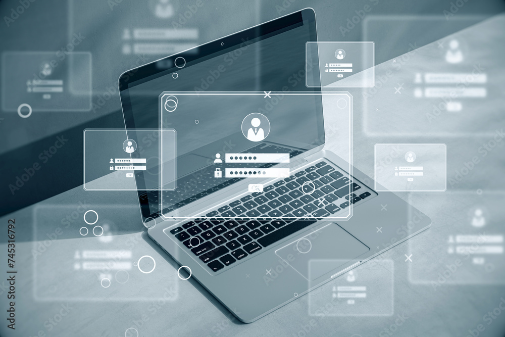 Poster A modern laptop with a high-tech, transparent user interface showing various user account security options in a digital workspace