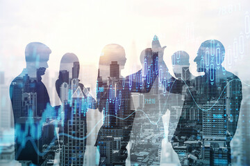 This image depicts silhouetted figures engaged in a business discussion with digital financial...