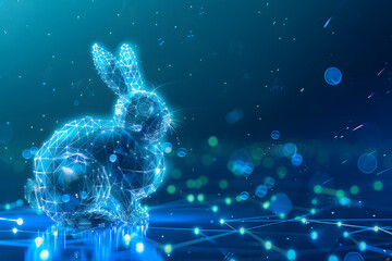 Easter bunny eggs with futuristic technology on blue neon background. - obrazy, fototapety, plakaty