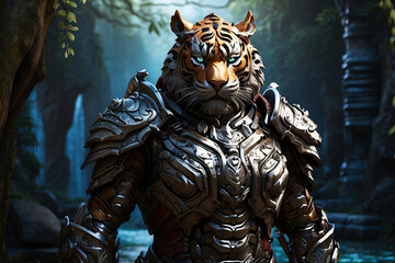 Fototapeta na wymiar tiger wearing fantasy iron armor