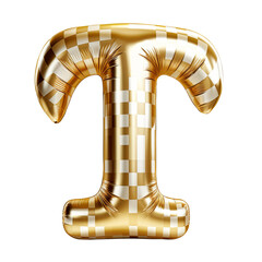 gold gingham metallic T alphabet balloon Realistic 3D on white background. Generative AI