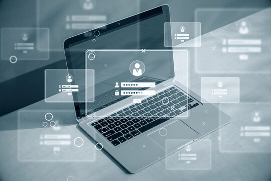 A modern laptop with a high-tech, transparent user interface showing various user account security options in a digital workspace