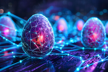 Easter eggs with futuristic technology on blue neon background. - obrazy, fototapety, plakaty