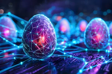 Poster Easter eggs with futuristic technology on blue neon background. © Pacharee