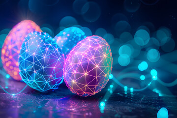 Easter eggs with futuristic technology on blue neon background. - obrazy, fototapety, plakaty