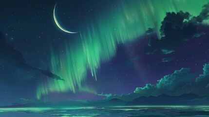 Dreamy Anime Landscape with Shimmering Aurora Borealis AI Generated.