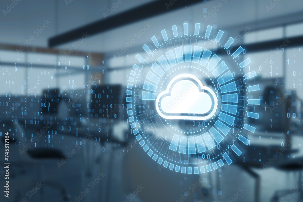 Aufkleber Creative glowing cloud computing hologram with binary coding on blurry office interior background. Digital server, support and network concept. Double exposure.
