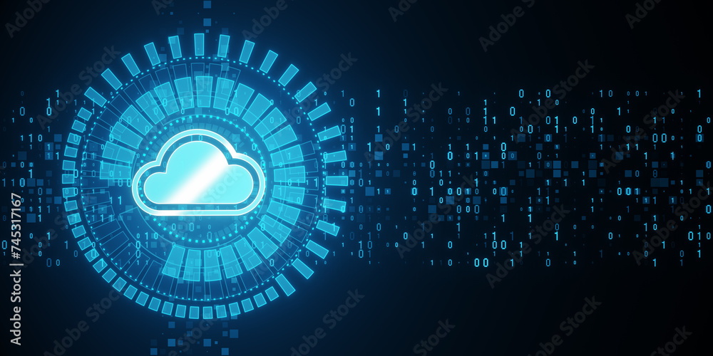Poster Creative glowing cloud computing hologram with binary coding on dark blue background. Digital server, support and network concept. 3D Rendering.
