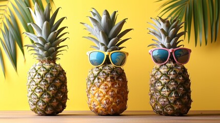 A sequence of pineapples and a coconut sporting sunglasses against a sunny yellow backdrop