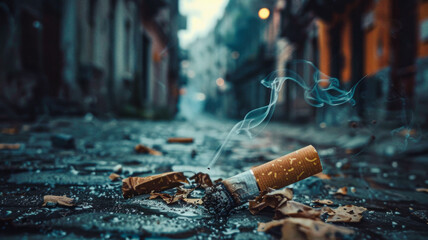 Cigarette butt discarded on the street. World No Tobacco Day. A visual appeal for a cleaner, healthier life, emphasizing the global effort against smoking.