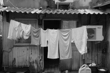 Fotobehang Clothes drying on the clothesline, black and white © dustbin_designs