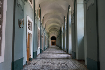 Prague, Czech Republic — June 17, 2023 - Long hallway of Invalidovna — baroque building for war...
