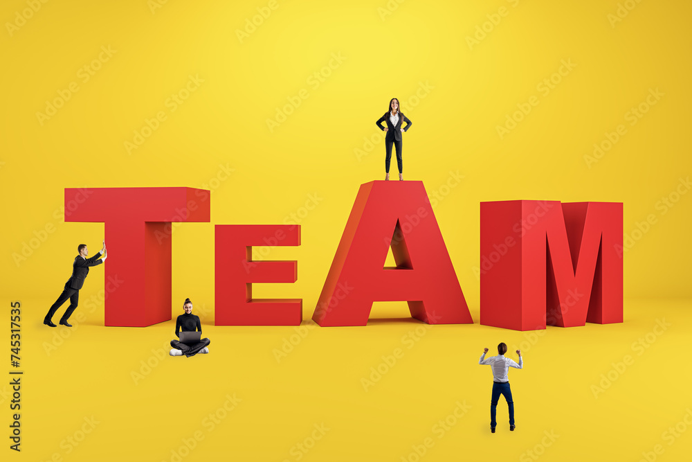 Poster creative image of businesspeople with red team word concept on yellow background. teamwork and partn