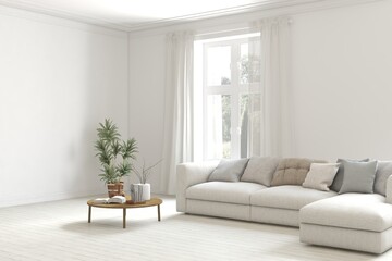 White living room with sofa. Scandinavian interior design. 3D illustration