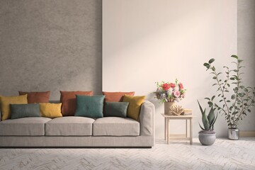 Concrete living room with sofa. Scandinavian interior design. 3D illustration