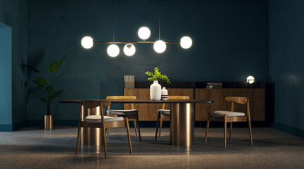 Contemporary dining room with modern furniture and ambient lighting. Interior design concept. 3D...