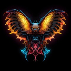 Fototapeta premium Colorful neon fractal bat with fiery wings on a black background