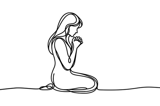 recommend clip art: Vector drawing of a girl that prays, continuous line, on white background.