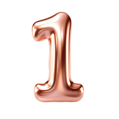 Rose gold metallic 1 number balloon Realistic 3D on white background.