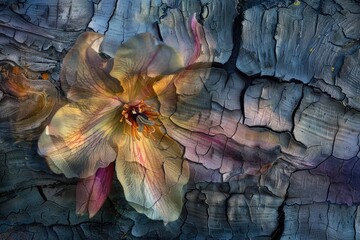 A close-up of a flower superimposed with the texture of tree bark in a double exposure - obrazy, fototapety, plakaty
