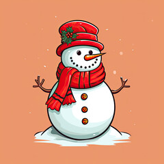 Snowman Wearing Red Hat and Scarf