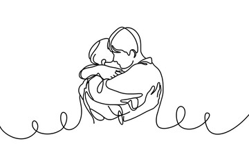 Vector drawing of a hugging couple, solid line, on a white background.