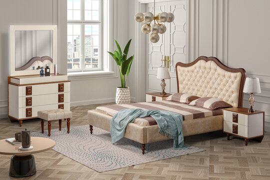 3d rendering classic bedroom interior and decoration