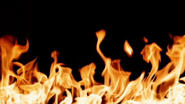 Fire burning. Bright burning flames on a black background. Fire in slow motion. Wall of Real fire, abstract background. Super slow motion video