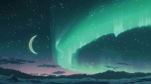 Serene Anime Background with Crescent Moon in Minimalist Style AI Generated.