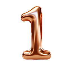 Copper metallic 1 number balloon Realistic 3D on white background.