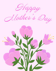 Mother's Day postcard with a bouquet of pink flowers. Cute poster in pink tones with bouquets of flowers. Festive greetings for Mother's Day. Vector illustration.
