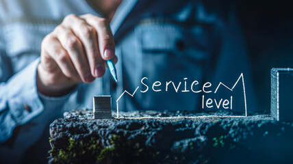 Top-tier service level and the concept of improving customer care. A businessman is sketching a rising graph with the text -Service Level.