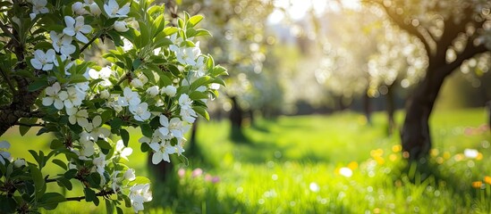 A sunny spring apple garden filled with tall green grass, blooming white flowers, and lush trees creating a picturesque scene of natures beauty.